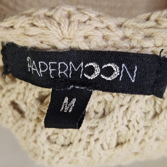 Papermoon Beige Knit V-Neckline Sleeveless Ruffle Boho Mini Dress,Medium - Picture 16 of 16